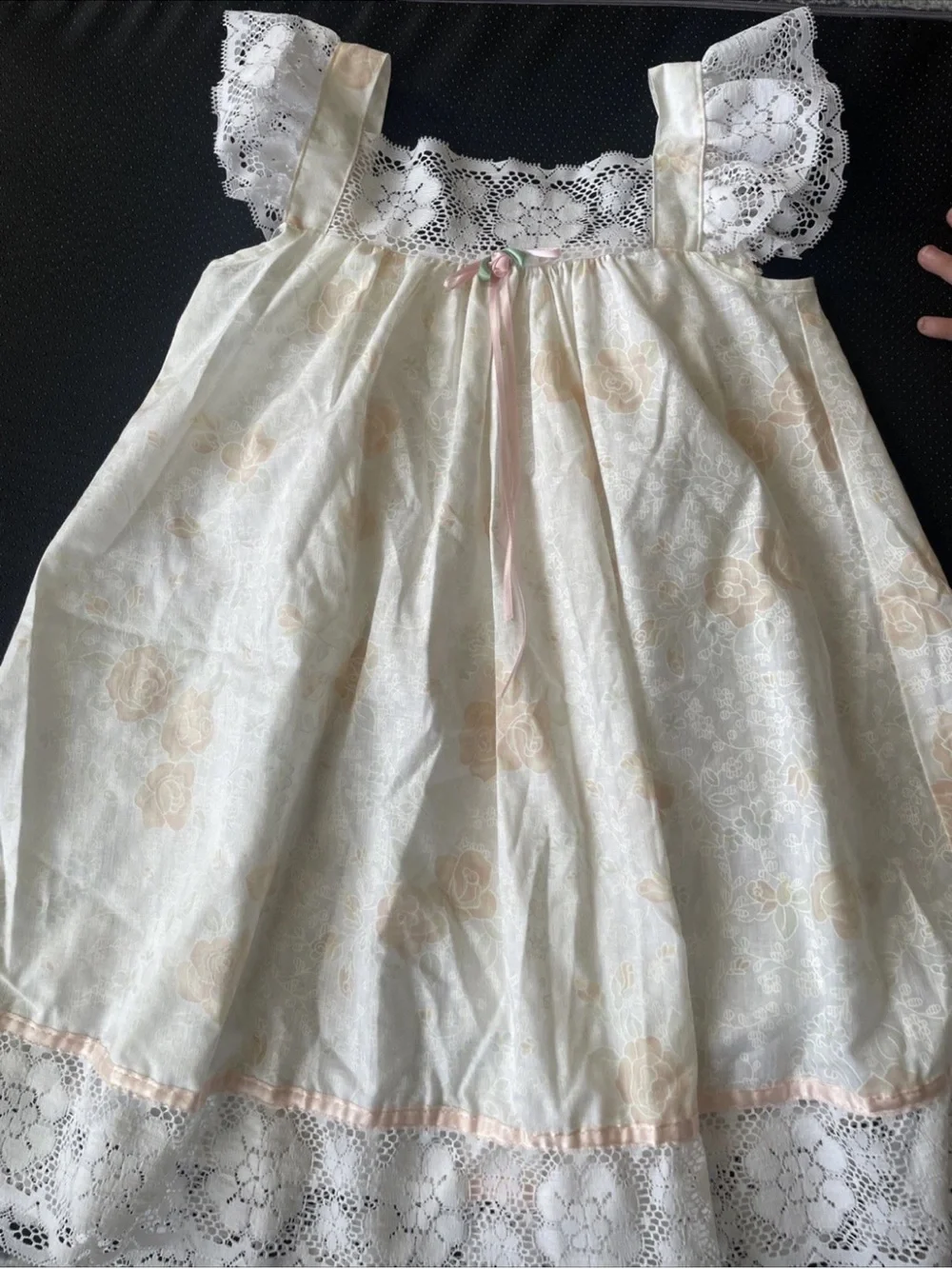 Girls Lace-Trim Casual Dress in Cream with Pink Accents made in USA